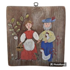 Vintage Rustic Folk Art Dutch Farmhouse Style Couple Painted On Reclaimed Wood
